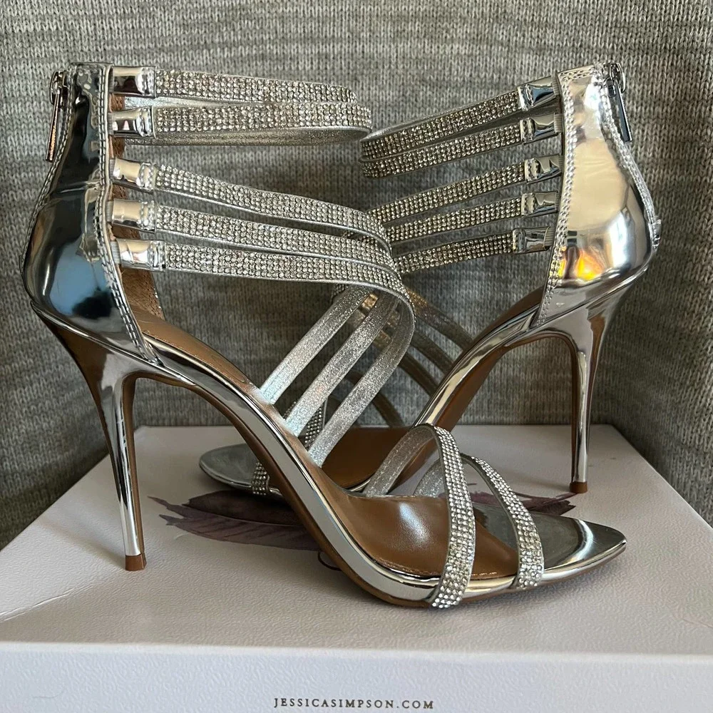 New Jessica Simpson Winifield Silver Rhinestone Heels Shoe Size 8.5 Strappy - Picture 5 of 9